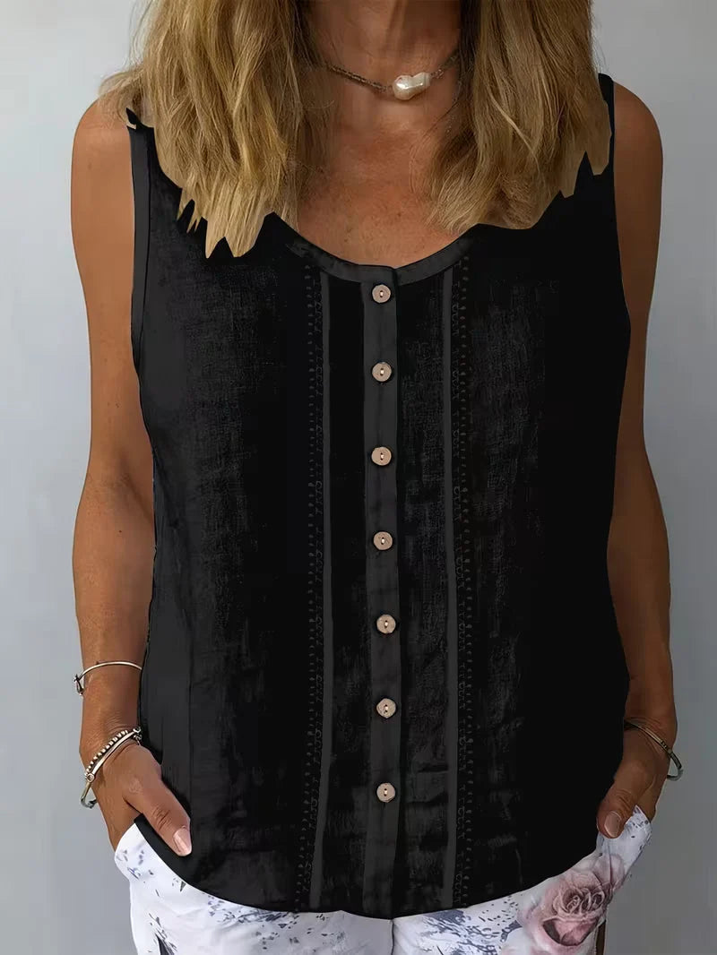 Elaris | Blusa Ligera sin Mangas con Botones y Detalle Bordado