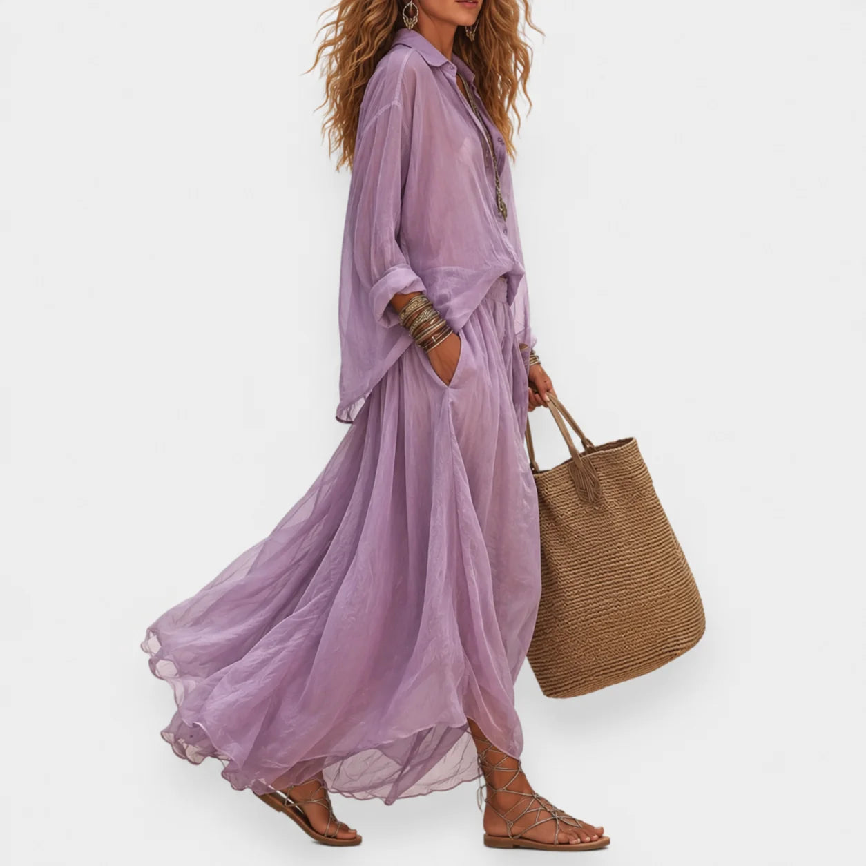 Luena | Conjunto de Camisa y Falda Larga Plisada