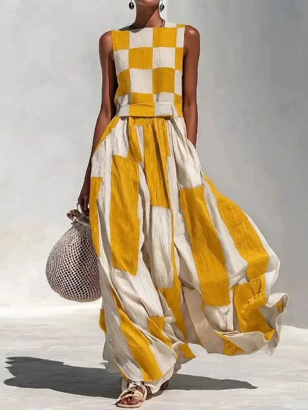 Ashlyn | Vestido sin Mangas con Paneles de Cuadros y Rayas