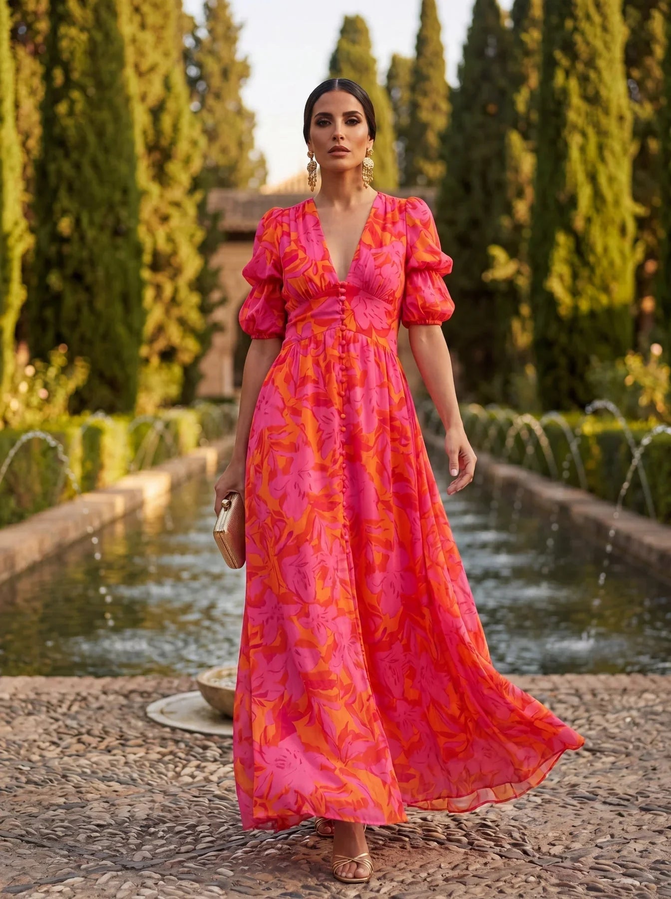 Zinnia | Vestido Largo Floral con Escote en V + Bolso de Regalo