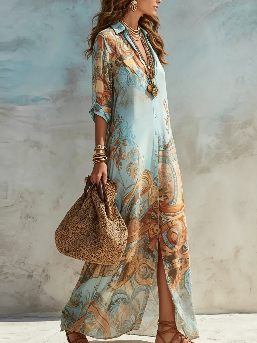 Donatella | Vestido Camisero Largo con Estampado Artístico