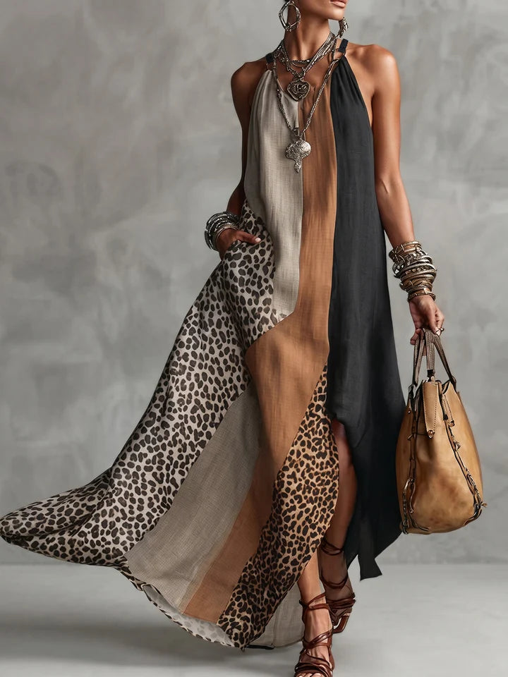 Lucia | Vestido Largo Halter con Estampado Leopardo y Detalles Asimétricos