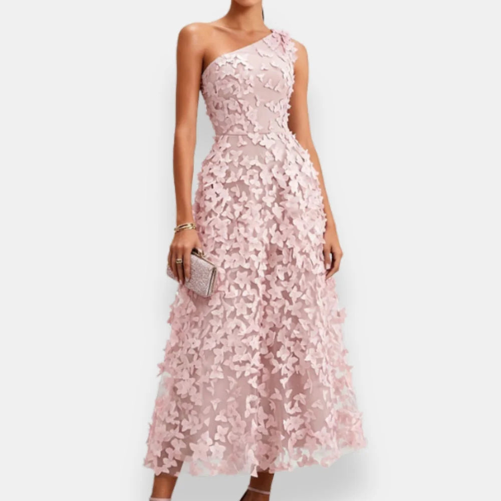 Kataleia | Vestido Midi Asimétrico con Detalle Floral