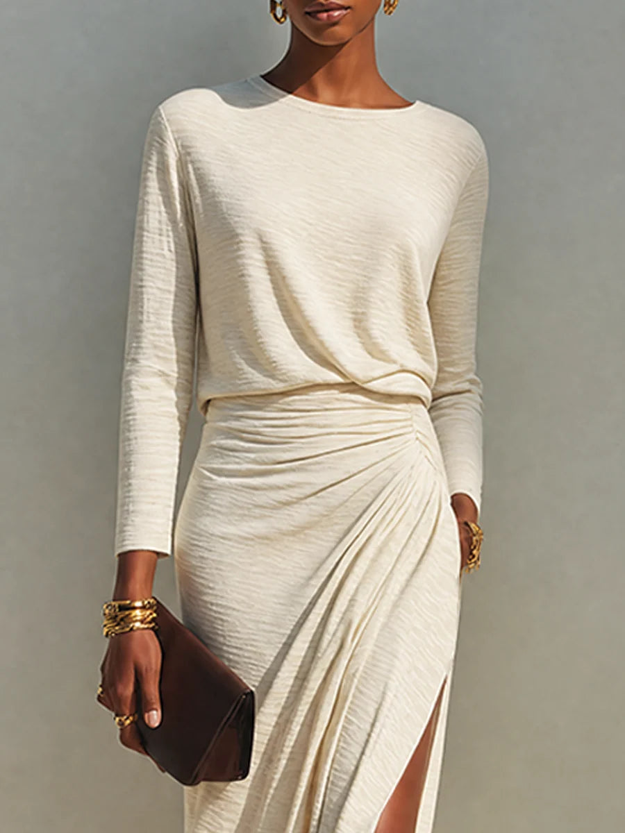 Noeza | Vestido Largo Drapeado con Abertura y Cuello Redondo + Bolso de Regalo