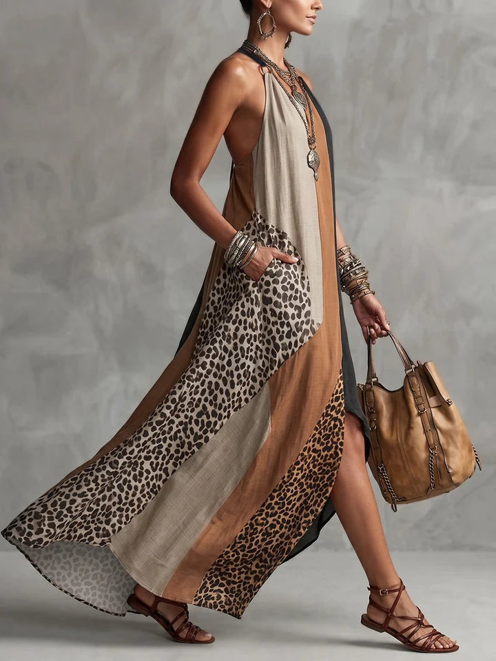 Lucia | Vestido Largo Halter con Estampado Leopardo y Detalles Asimétricos
