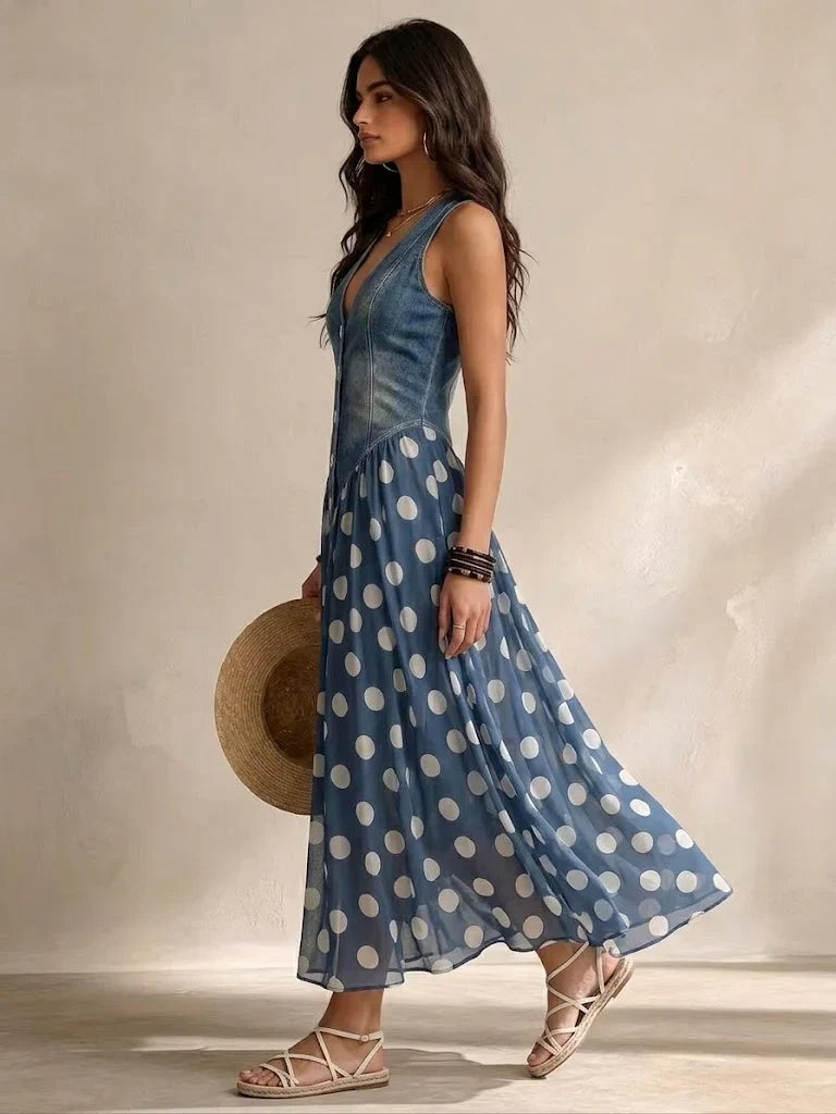 Vylina | Vestido Vaquero con Falda de Gasa de Lunares