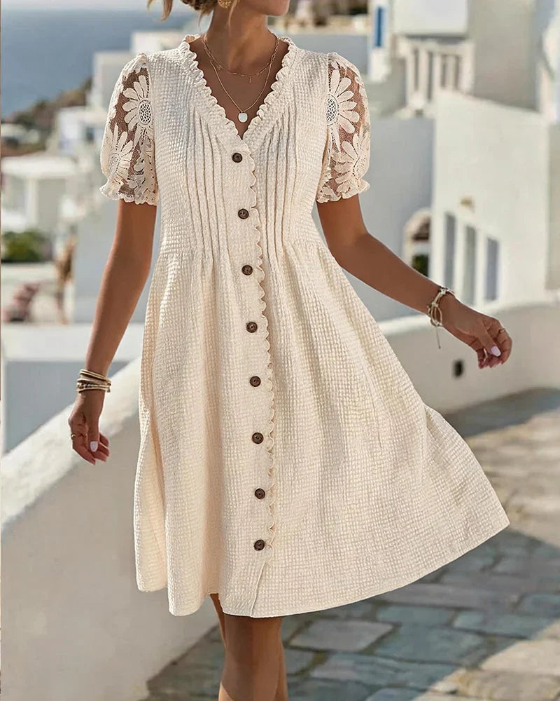 Deneke | Vestido Patchwork con Girasoles y Mangas Abullonadas