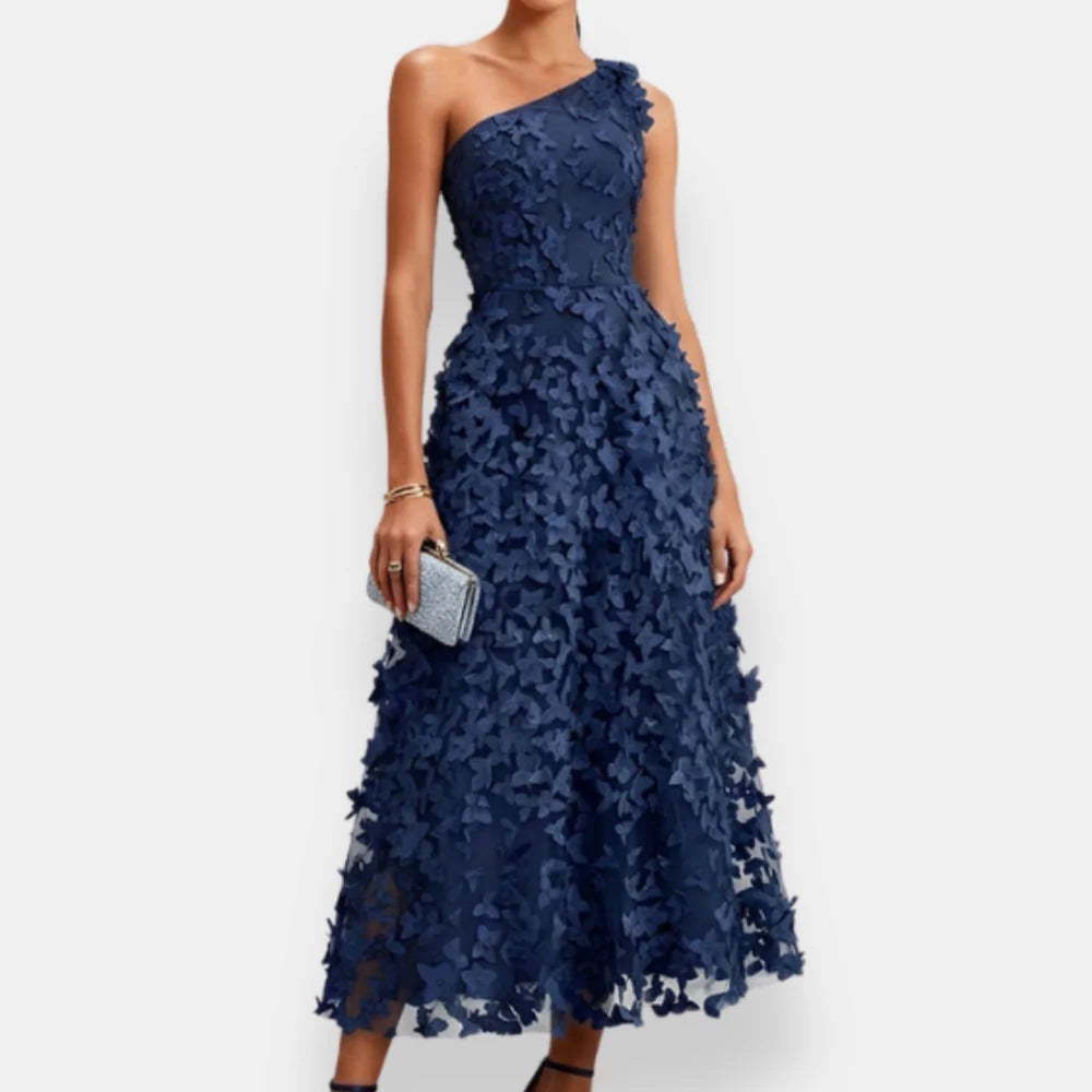 Kataleia | Vestido Midi Asimétrico con Detalle Floral