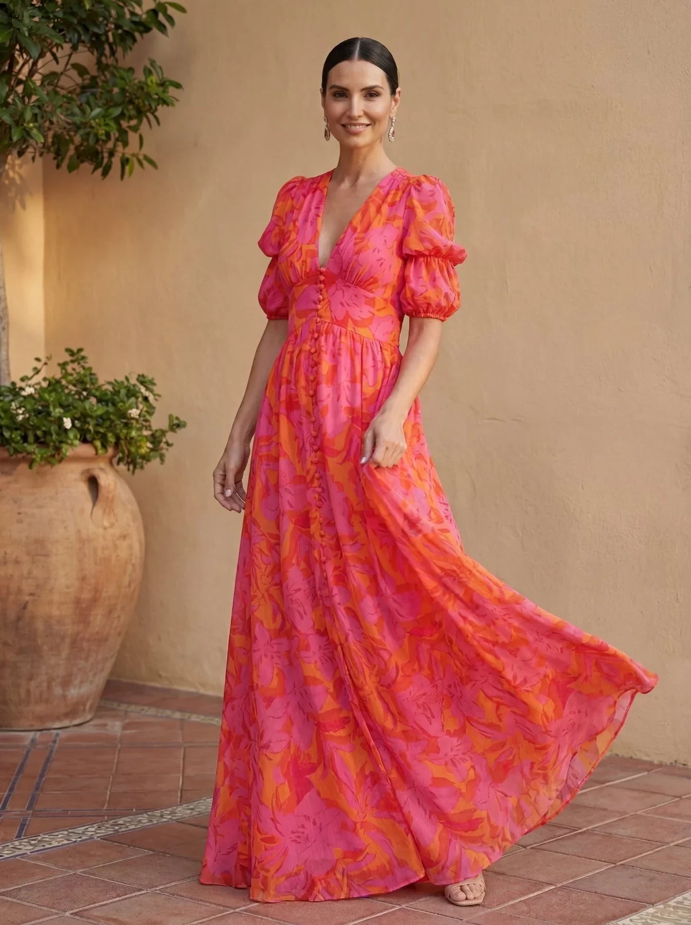 Zinnia | Vestido Largo Floral con Escote en V + Bolso de Regalo