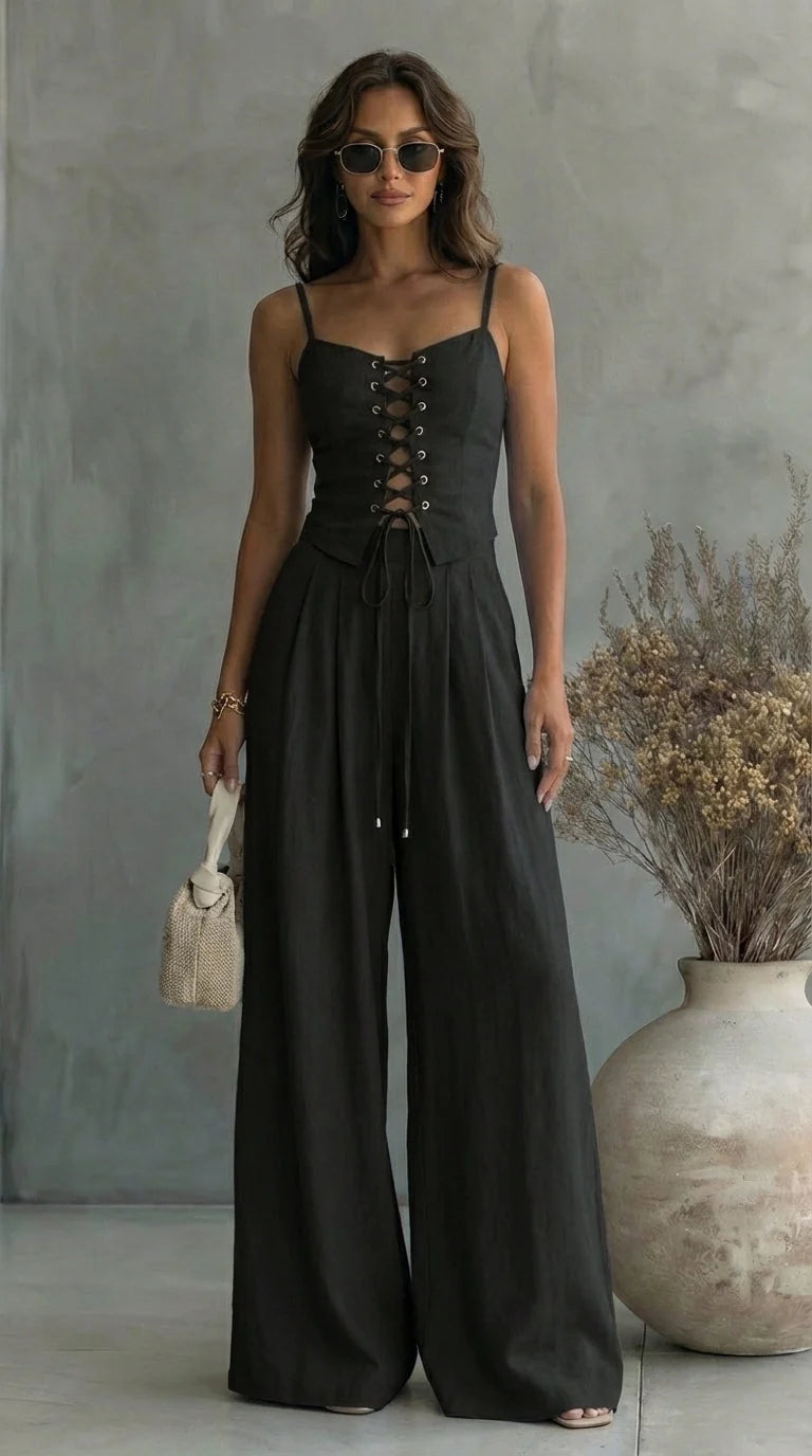Piera | Conjunto Elegante con Top de Cordones y Pantalón Palazzo