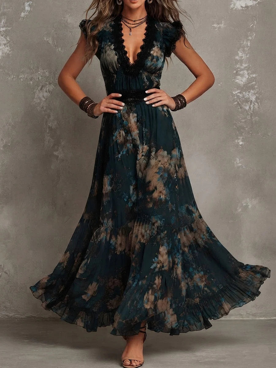 Alime | Vestido Largo con Detalle de Encaje Floral