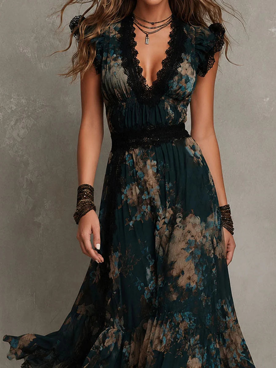Alime | Vestido Largo con Detalle de Encaje Floral