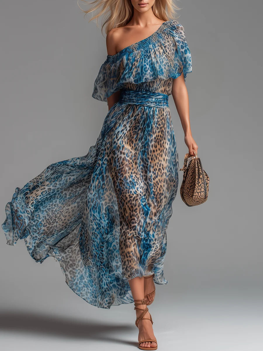 Siania | Vestido de Gasa con Estampado Leopardo y Hombros Descubiertos