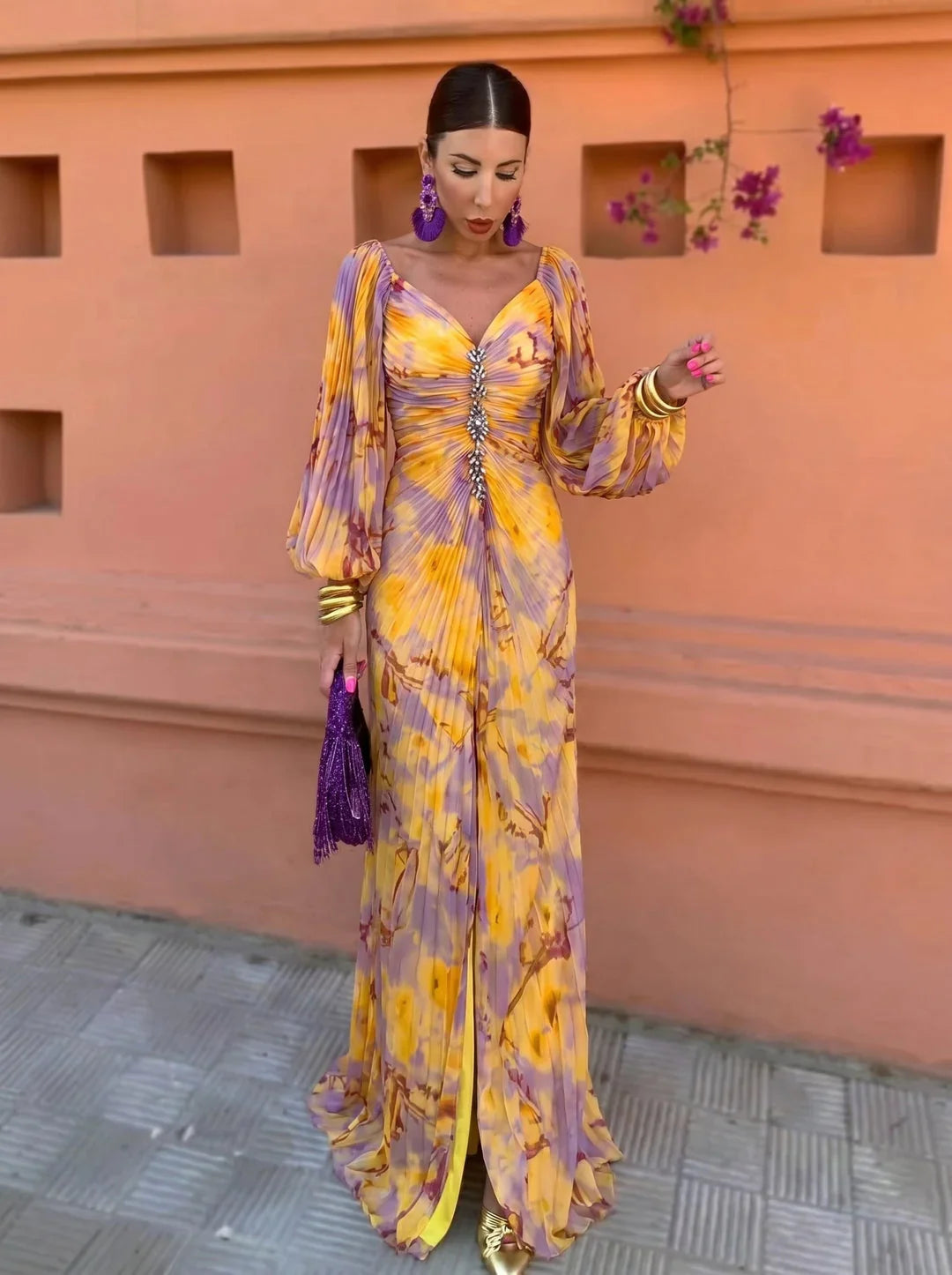 Cataleia | Vestido Largo Floral Plisado De Manga Larga