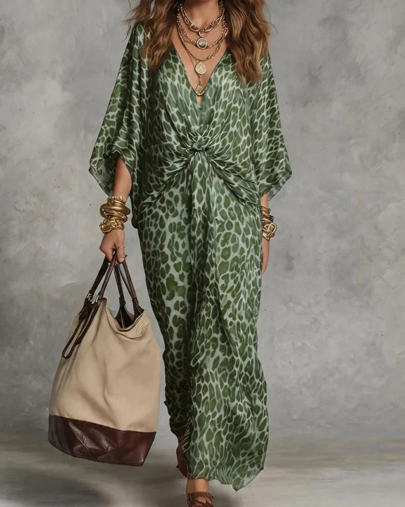 Ayrana | Vestido Largo con Estampado Leopardo y Nudo Frontal