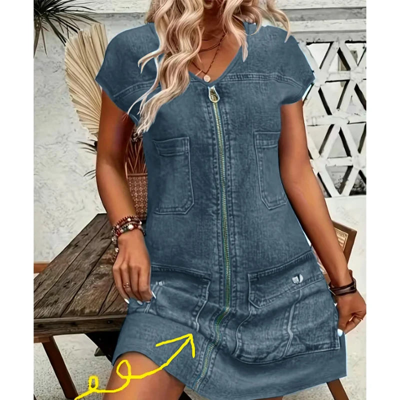 Esinila | Vestido Vaquero de Manga Corta con Cremallera