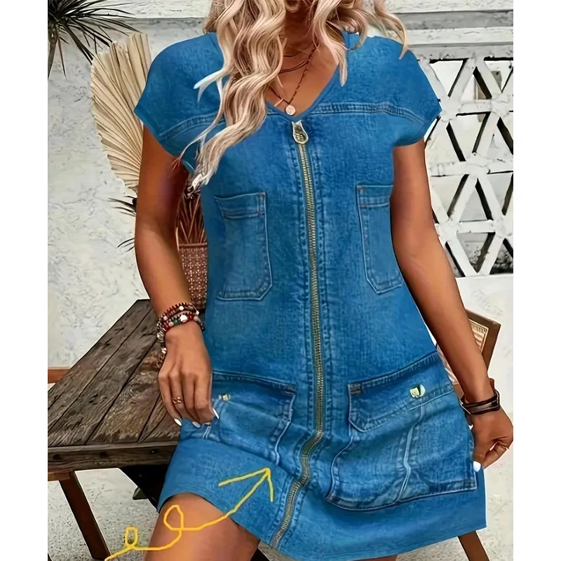 Esinila | Vestido Vaquero de Manga Corta con Cremallera
